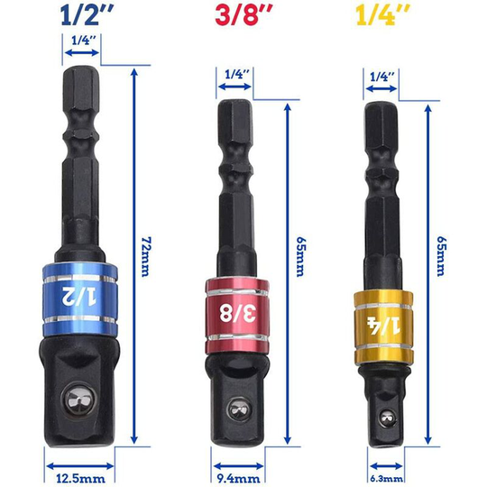 Litzee - 3Pcs Impact Adapter Set 1/4', 1/2', 3/8,Reducer Set,Turns Power Drill Into High Speed Nut Driver Socket to Drill Adpater for Impact Drivers