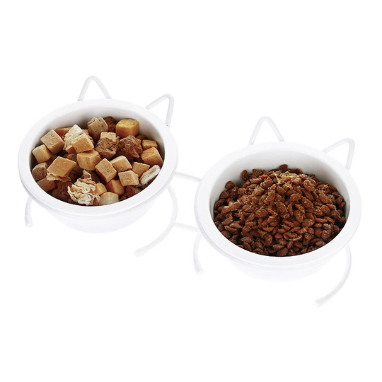 Ceramic tall cat bowl with stable support and removable design to prevent slipping Tiltable cat food bowl for dogs - white double bowl
