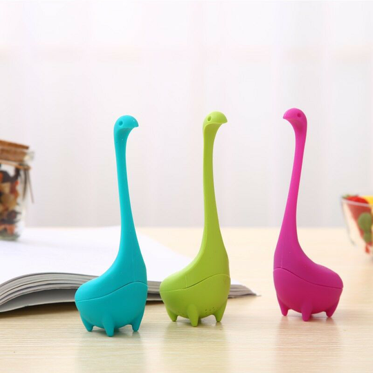 Muff - Dinosaur Loose Leaf Teapot with Long Handle Neck and Cute Sphere Lake Monster Silicone Tea Strainer (3 Pieces)