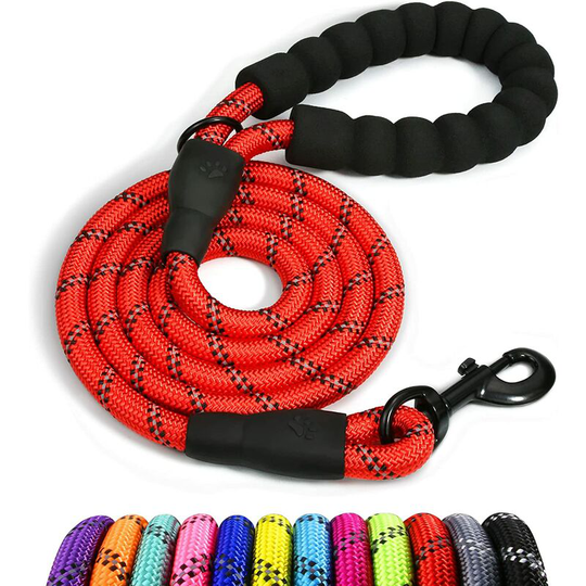 Dog Rope, Nylon Dog Leash with Soft Padded Handle and Reflective Threads, 150cm x 1.2cm, Red