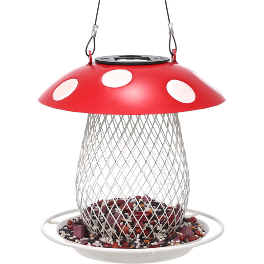 Tomfeel Mushroom Bird Feeder Solar Lamp Lights Wild Bird Feeder Metal Chandeliers Hanging for Outdoor Decoration Villa Garden Yard Decoration Cartoon