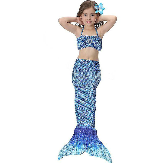 Kids Girls Mermaid Tail Bikini Set Swimwear Swimsuit Swimming Costume Dark Blue 10-11 Years