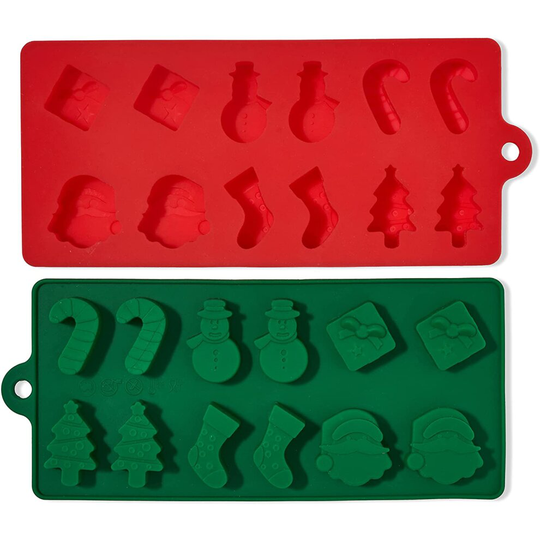 2 Christmas Silicone Mould Baking Trays, Xmas Tree Chocolate Candy Cane Santa Moulds, Wax Melts & Ice Tray Cake Decorations