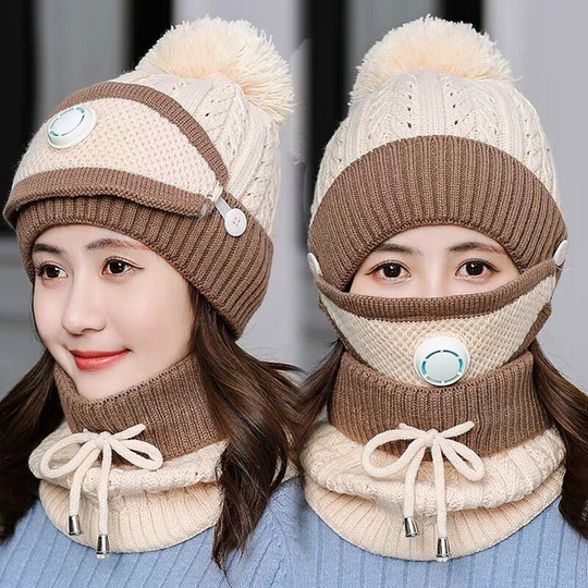 Winter Fashion Riding Hat Ear Protector Wool Hat Mask Neckwear Korean Fashion Knit Warm Three Piece Hat Set (beige)