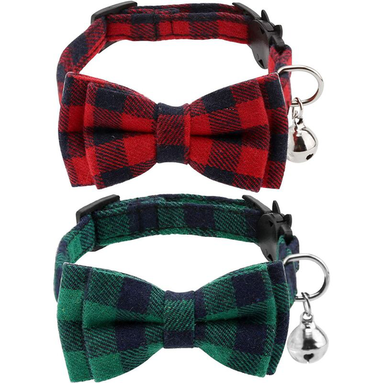 2 Pack Christmas Plaid Cat Collars with Bow Tie and Bells, Adjustable Collars for Cats, Kittens, Puppy Supplies (Red, Green)