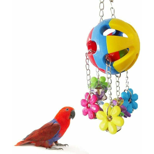Macaw Parrot Bird Hanging Chew Toy with Flowers and Plastic Bell, Multicolor