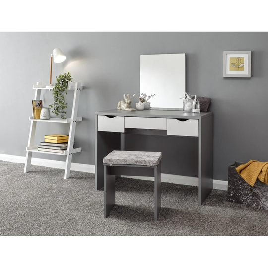 Grey Dressing Table Desk Set With 3 White Drawers Mirror and Velvet Padded Stool