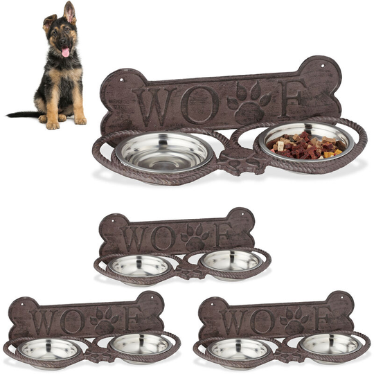 4x Relaxdays Cast Iron Feeding Station, Wall-Mount, 2 Stainless Steel Bowls Each, Antique Design, Dark Brown