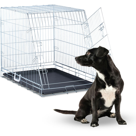 Dog Cage, Home & Car, HxWxD: 72 x 63 x 93.5 cm, Foldable Crate with Floor & Door, Steel, Various Sizes, Silver - Relaxdays