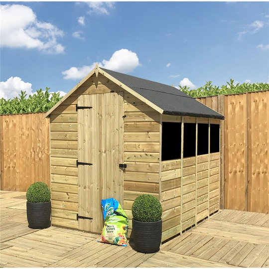 10 x 6 Pressure Treated Tongue and Groove Single Door Apex Shed (Low Eaves) + 3 Windows