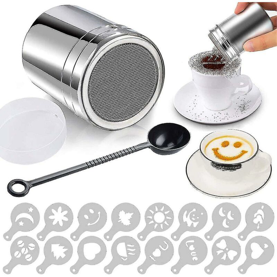 High quality stainless steel cocoa shaker, icing sugar shaker, cocoa shaker with lid and 16 models coffee cappuccino for powder