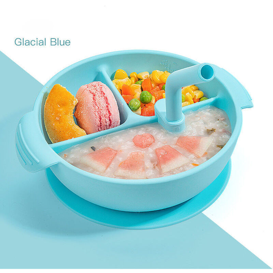 Silicone Plate For Baby,Divided Suction Cup Type Bowl Divider With Straw, Blue