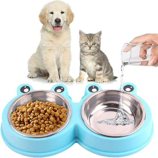 Non-Slip Dog and Cat Bowl, Double Silicone Feeding Bowls, Food Bowl, Apply for Small Dog and Cat Diet, Stainless Adjustable Pet Double Bowl (Blue)