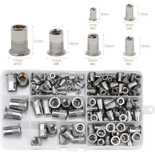 165pcs Stainless Steel Rivet Nuts Nut Tool Flat Thread Head Rivet Nuts Cap Assortment M3 M4 M5 M6 M8 M10 Fastener Repair Tool