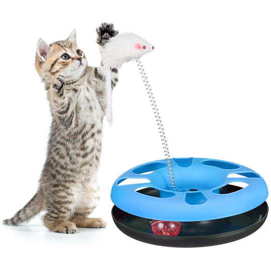 Relaxdays - Light Blue Cat Toy Carousel with Mouse, Interactive Toy, Ball with Bell, Pet Training and Entertainment