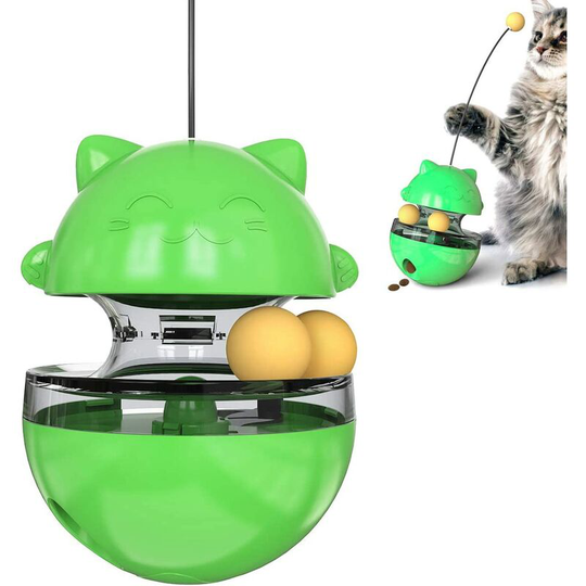 Litzee - 4 in 1 Cat Toy, Interactive Cat Ball with Double Ball, Cat Interactive, Cat Kibble Dispensing Toy, Cat Interactive Toy with Stick (Green)