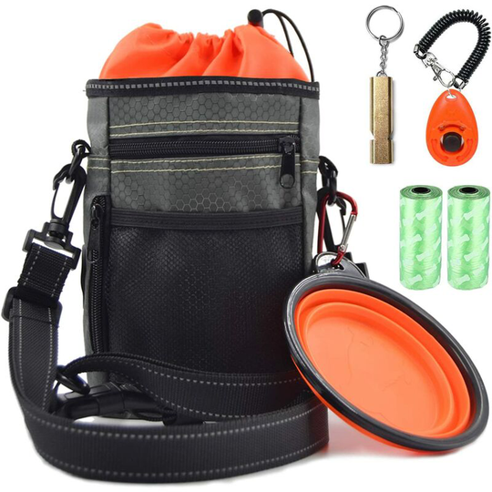 Perle Rare - Dog Reflective Pouch Canine Feces Kit with Bag Holder Doggie Clicker Whistle Training Feeder Bowl Canine Feces Bag Waterproof Shoulder