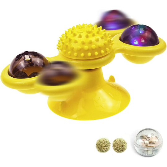 Briday - Windmill Cat Toy, Interactive Rotating Turntable Teasing Toys with Flash Lights Catnip Balls and Strong Suction Cup, Multifunction Catnip