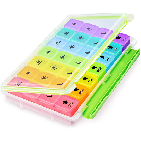 Ilovemilan - Weekly Pill Organizer 4 Times a Day, Portable Pill Box 7 Day with Large Compartments & Moisture-Proof Outer Case for Vitamin/Fish