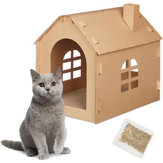 Cat House Cardboard, Kitten Cave Scratching Board, Easy Assembly, Incl. Catnip, 46 x 36.5 x 42.5 cm, Brown - Relaxdays