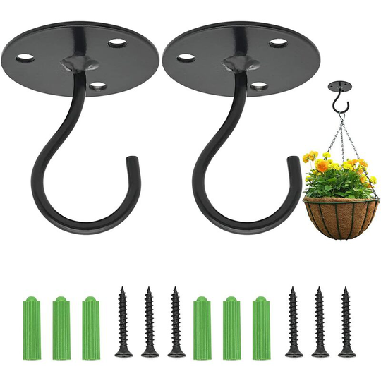 2 Pack Hanging Hooks, Metal Wall Mount Bracket with Screws for Hanging Bird Feeder Lantern Wind Chimes, Black - Muff