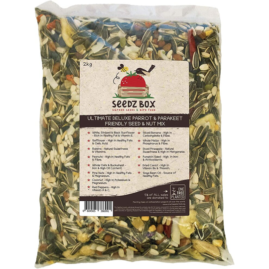 Seedzbox Ultimate Deluxe Parrot Food Seed and Nut Mix Feed - Natural Healthy Pet Treats and Snacks - Contains Banana, Pumpkin Seeds, Peanuts and