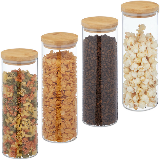 Storage Jars in Set of Four, 1600 ml Each, Bamboo Smell-proof Lids, Dry Food Storage, Glass, Transparent/Brown - Relaxdays