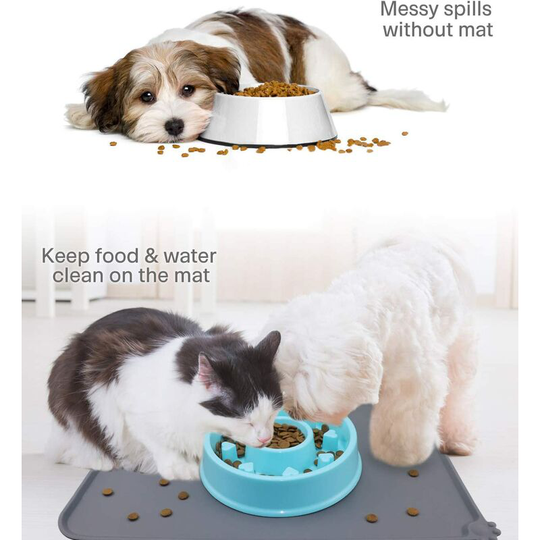 Dog and Cat Bowl Mat, Non-Slip Mat Under Pet Bowls, Waterproof Silicone Feeding Mat,47x30cm Gray+Black(2pcs)