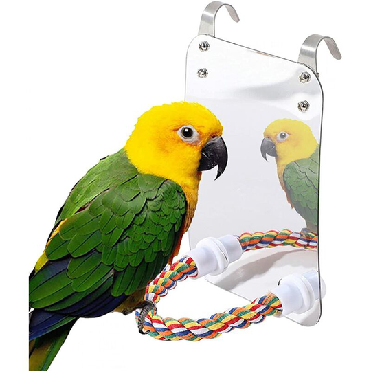 Hanging Bird Mirror Toy for Parrot Birds with Rope Large Mirror Stand Colorful Chewing Cockatiel Parakeet