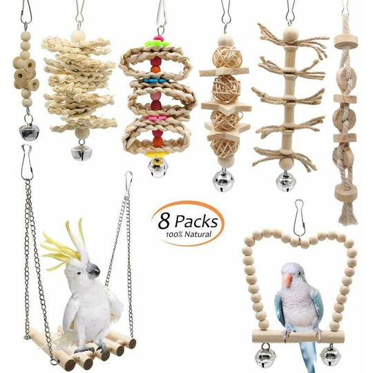 Bird toys for birds, parrots, swings, chew toys made of natural wood, to hang up, for small parakeets