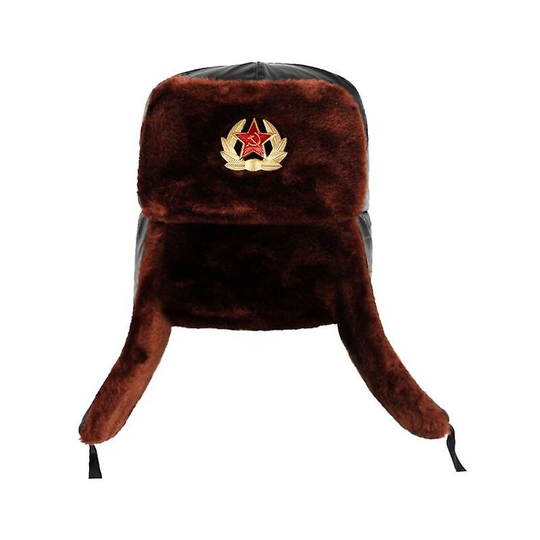 Soviet Army Military Badge Russia Ushanka Bomber Hats Pilot Trapper Trooper Hat Winter Faux Rabbit Fur Earflap Men Snow Caps - black brown