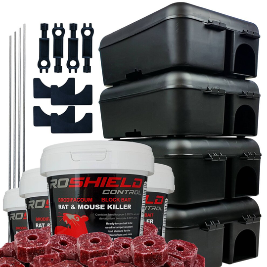 (4 Box Kit) Roshield Single Feed Rat Blocks & Tamper Resistant Bait Station Kit
