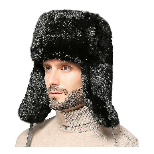 Men Genuine Rabbit Fur Hat Skin Hats Russian Winter Hat Trapper Bomber W/ear Flaps Christmas Gift For Men thsidne
