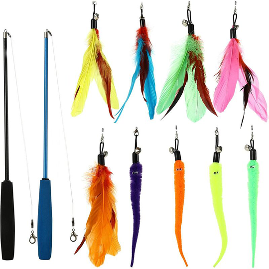 Modou - Cat Toy - 11 Pack Cat Toys with Retractable Wand and Cat Duster - Interactive Cat Game in Vibrant Colors - Ideal for Entertaining Kittens and