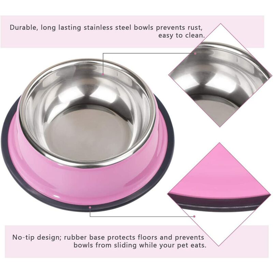 Pink Stainless Steel Pet Bowls for Small Cats Dogs Non-slip Dog Bowl Set of 2 (200ML)