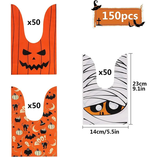 150 Pieces Halloween Candy Bags, Halloween Pumpkin Zombie Ghost Bat Snack Treat Favor Bags Cookie Candy Biscuit Gift Bag for Halloween Party Supplies