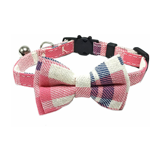 Cat Collar with Bell and Bow Tie, Quick Release Safety Collars for Kitten and Cats, Soft Tartan Collar, 1 Pack, Pink