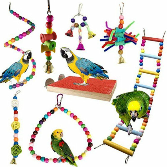 Perle Rare - Bird Toys, 8 Pieces Wood Feet Perches, Swings, Ladders, Perched Climbing for Small and Medium Size Bird Cages, Parrots