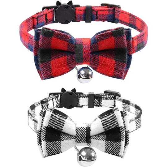 Litzee - 2PCS Plaid Cat Collars Quick Release Kitten Collar Bow Tie Safety Cat Bowtie Collars Christmas Cat Bow Collar With Bell Soft Tartan Collar