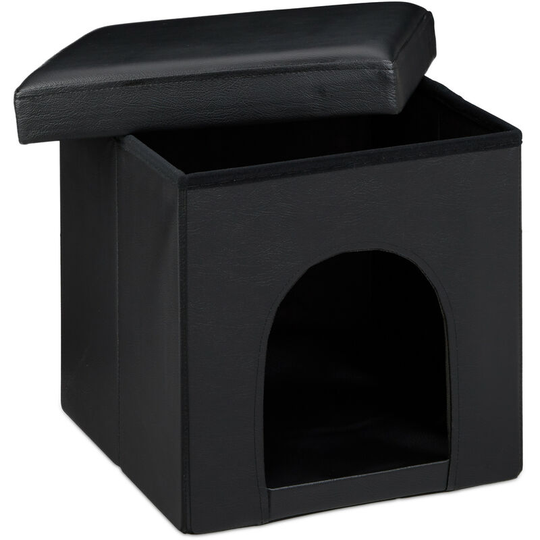 Dog House Ottoman, 38 x 38 x 38 cm, Seat Box with Practical Hole for Pets, Faux Leather, Removable Lid, Black