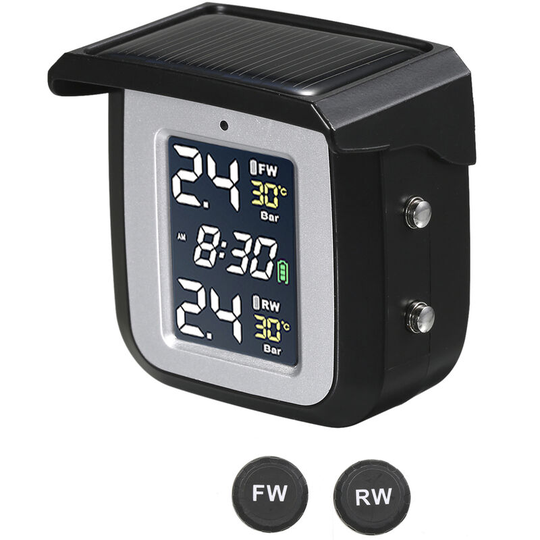 Tire Pressure Monitoring System Solar Charging Waterproof Motorcycle Tyre Alarm with Large Color LCD Screen 2 External Sensors Black