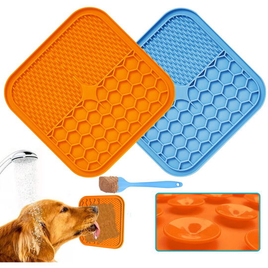 Puppy lick pad, non-slip slow feeder lick pad, dog cat food pad, slow feeder pad for dog bath training grooming (blue + orange)