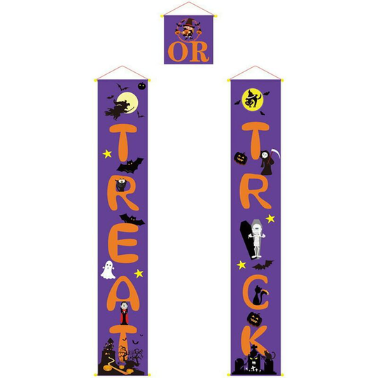 Litzee - Halloween Banners, Trick or Treat Halloween Door Decoration Purple Porch Sign Hanging Banner Outdoor Indoor Welcome Signs for Home Wall