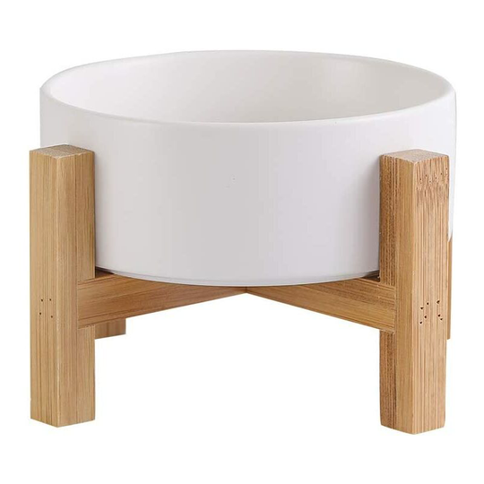 White Cat Feeding Bowl Cat Bowl Raised with Bowl Stand Wood and Non-Slip Feet - Ceramic Dog Bowl for Cats Dogs Puppies Food and Water,850ml