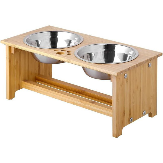 Swyeoot - Elevated Bowls - for Dogs and Cats - Elevated Bamboo Stands with 2 Stainless Steel Water and Food Bowls - with Non-Slip Feet