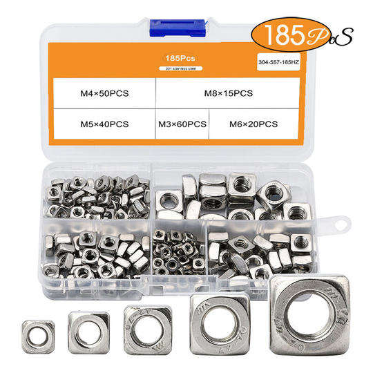 185PCS Square Nut, Stainless Steel Square Kit 304 for Industrial House Fasteners and Construction (M3 M4 M5 M6 M8)