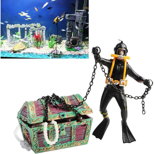 Perle Rare - Treasure Hunter Ornament Aquarium Fish Action Figure Diver Scuba Diver Treasure Chest Black Tank Landscape Decor