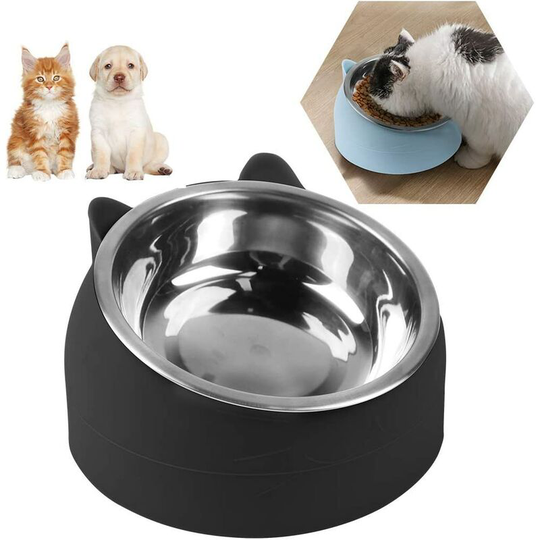 Tilted Cat Bowl, Stainless Steel Cat Bowl, Pet Bowl Set, 15° Tilted Raised Stand Detachable Bowl for Cats and Dogs, Small Dog Bowl 200ML, Black