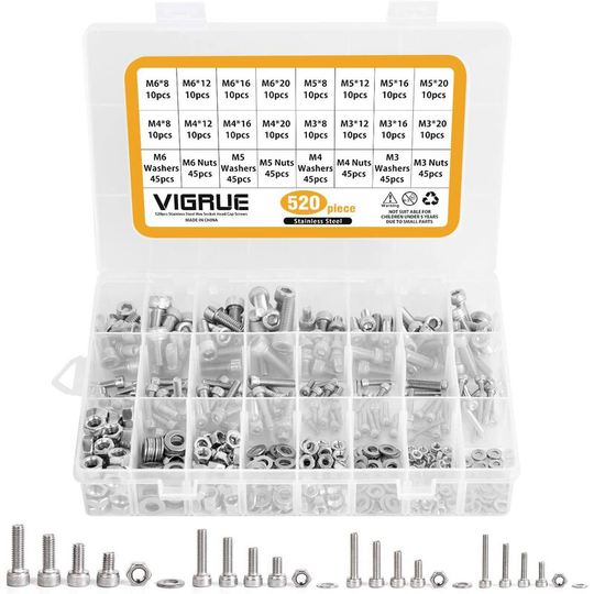 Kit 520pcs M3 M4 M5 M6 Stainless Steel Hexagon Hex Button Socket Head Cable Bolts Screws With Nuts Assortment