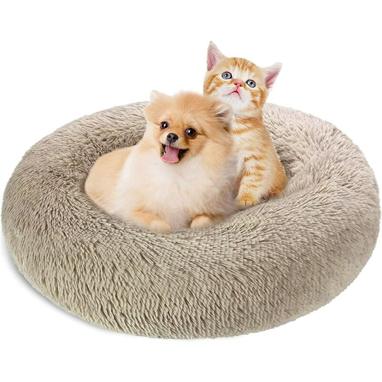 LangRay Cat Dogs Bed 60cm Round Baskets, Super Soft and Comfortable Washable Warm Pet Donut Cushion for Small Dogs and Cats - Light Brown